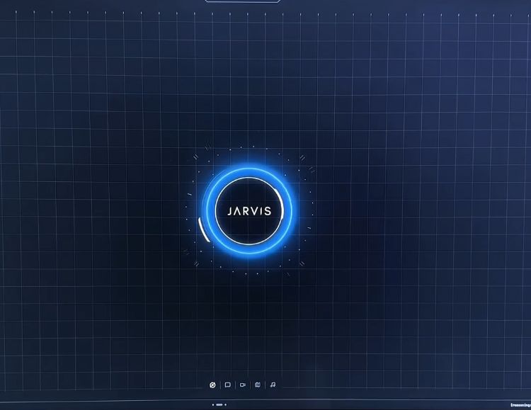 J.A.R.V.I.S main screen: a blue ring with the assistant name on a dark grid.