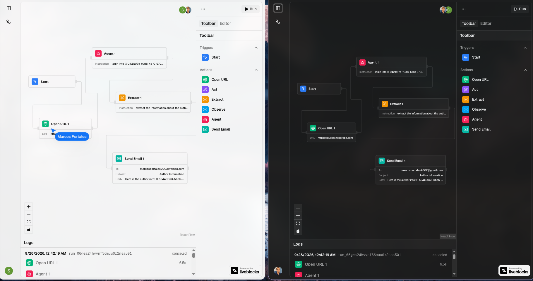 Relay editor in light and dark, with the agent, extraction, and email flow on the canvas.